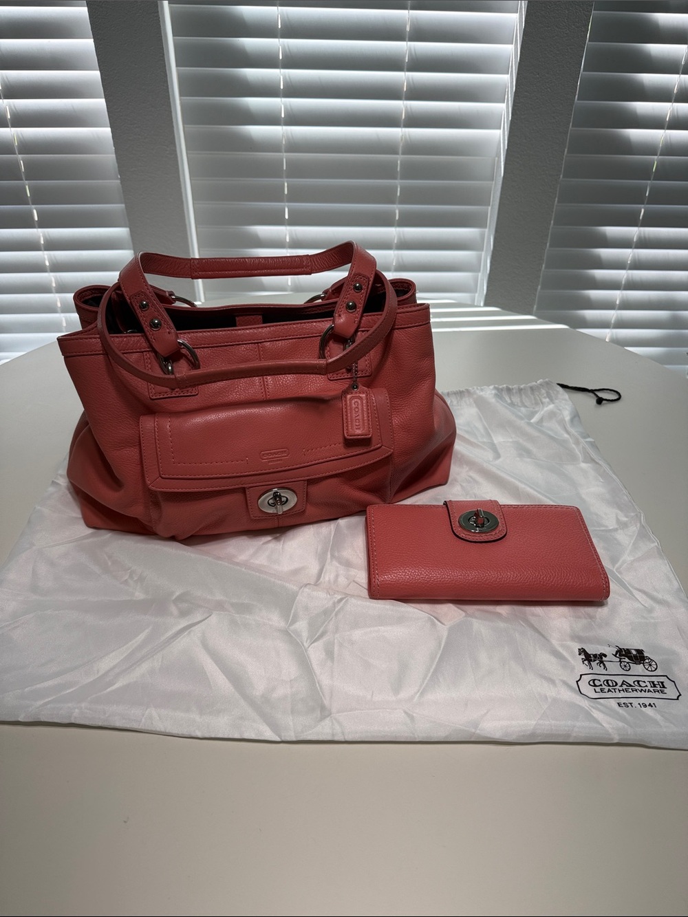 Coach Salmon Leather Shoulder Tote with Matching Wallet and Checkbook Cover